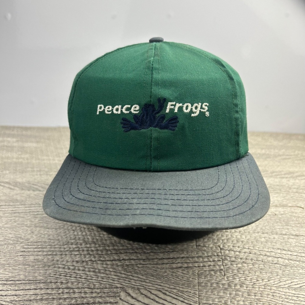 Vintage 90s Peace Frogs Hat Cap Strap Back Adjustable Green Blue FLIMSY BRIM